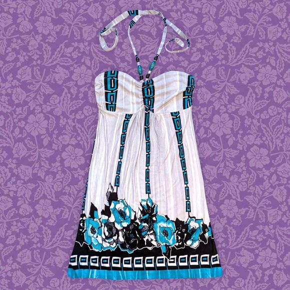 2000s Venus White and Blue Beachy Halter Dress with Wooden Bead Detail | Size M - Picture 1 of 7